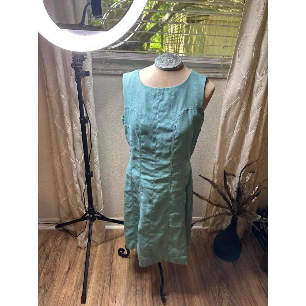 Anne Klein Womens Aqua Blue Sleeveless Linen lined Sheath Dress Size 12  read